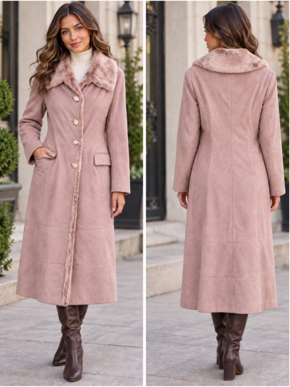 Lubera Long Faux-Suede Coat with Fur Trim - Dusty Rose Size XS or S Vintage 90s